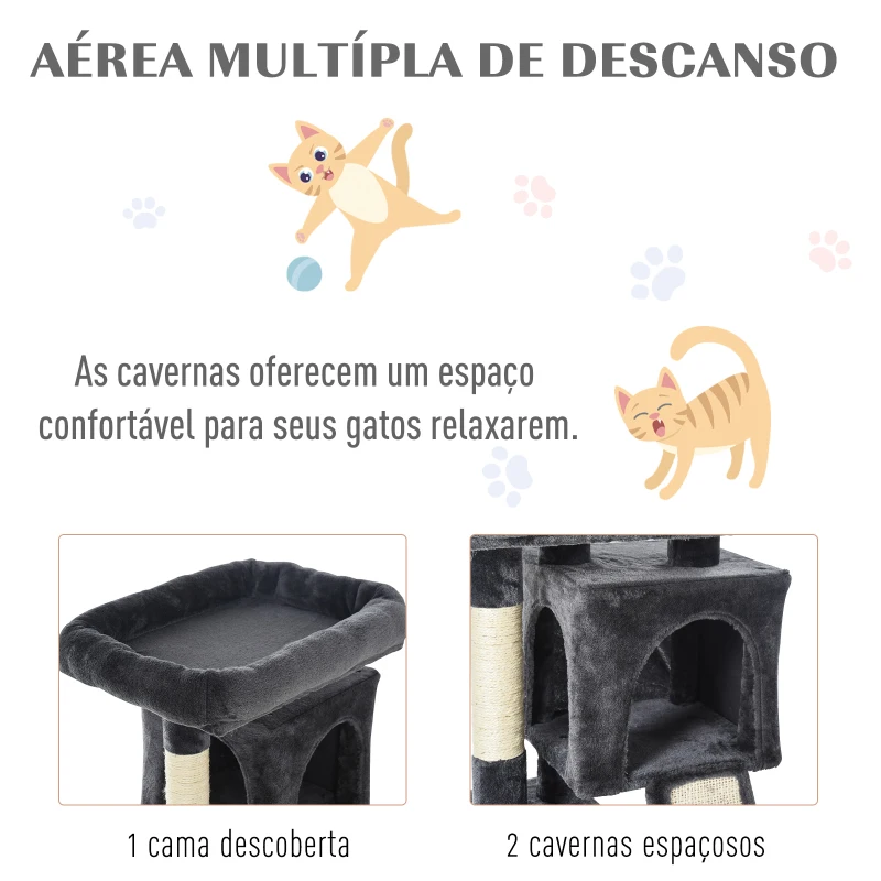 PawHut Árvore do gato com poste e placa de arranhão  cavernas Cama macia 59x39x83 cm