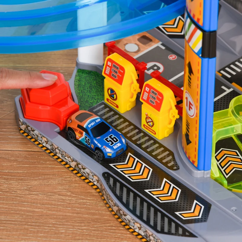 HOMCOM Estacionamento Infantil de 7 Andares Garagem de Brinquedo Inclui Elevador Elétrico com Luz e Sons Dupla Pista e 4 Carros de Corrida para acima de 3 Anos 64x59x113cm Azul e Branco