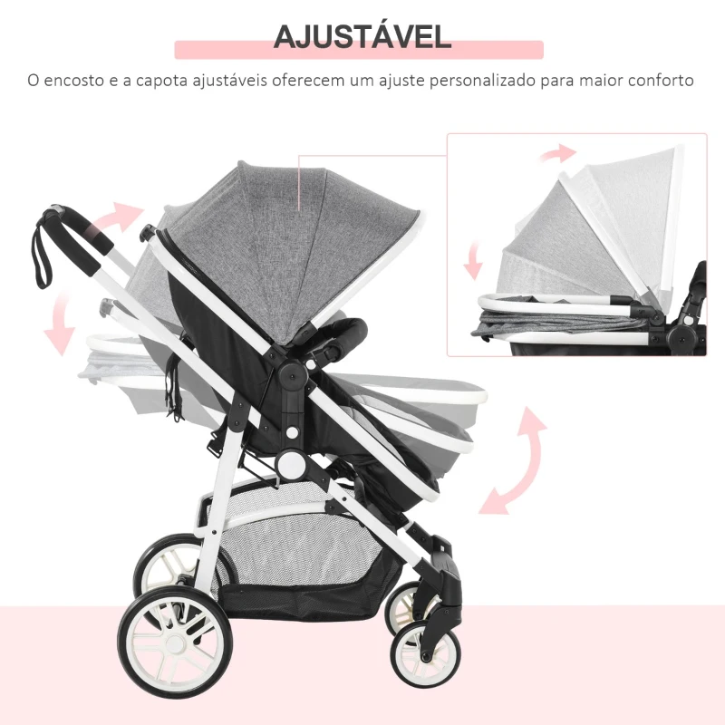 HOMCOM Carrinho de Bebé 2 em 1 Carrinho de Passeio e Alcofa para Crianças de 0 a 36 Meses com Capota Dobrável Encosto Inclinável Cesta Grande Alavanca de Freio Carga 15kg 80x51x102cm Cinza