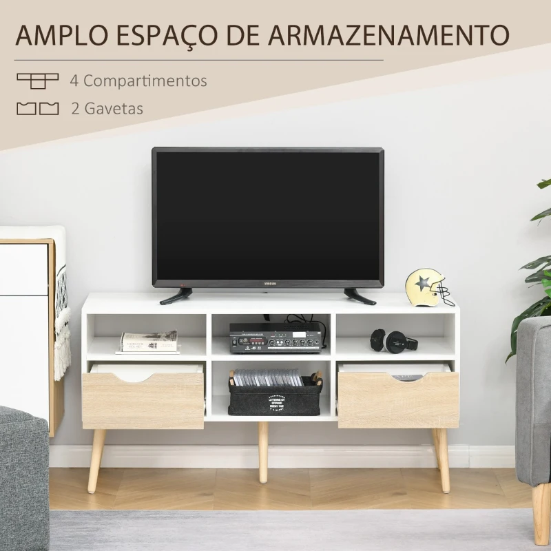 HOMCOM Móvel de TV com 2 Gavetas e 4 Compartimentos Pés de Madeira Dispositivo Anti Rolamento para Sala de Estar 117x39x57cm Branco e Madeira Natural