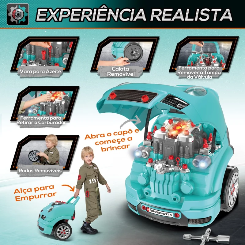 HOMCOM Motor de Caminhão para Crianças acima de 3 Anos Conjunto de Motor de Brinquedo com 61 Peças Volante Buzina Faróis Caixa de Armazenamento e Rodas 40x39x47cm Turquesa