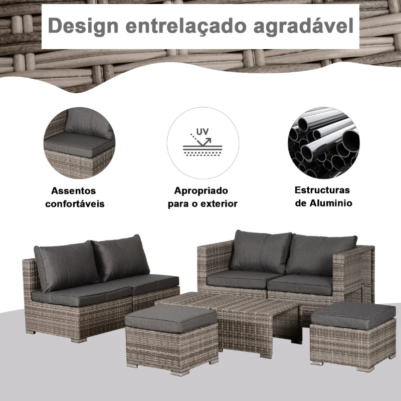 Outsunny Conjunto de Jardim 8 Peças de Vime com 2 Mesas de Centro Poltronas e 2 Apoio para os Pés Marrom e Cinza
