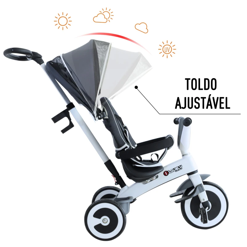 HomCom® Triciclo para bebê 4 em 1 Trolley Trike Bicicletas para crianças + 18 meses evolutivo Capuz de barra destacável cinza