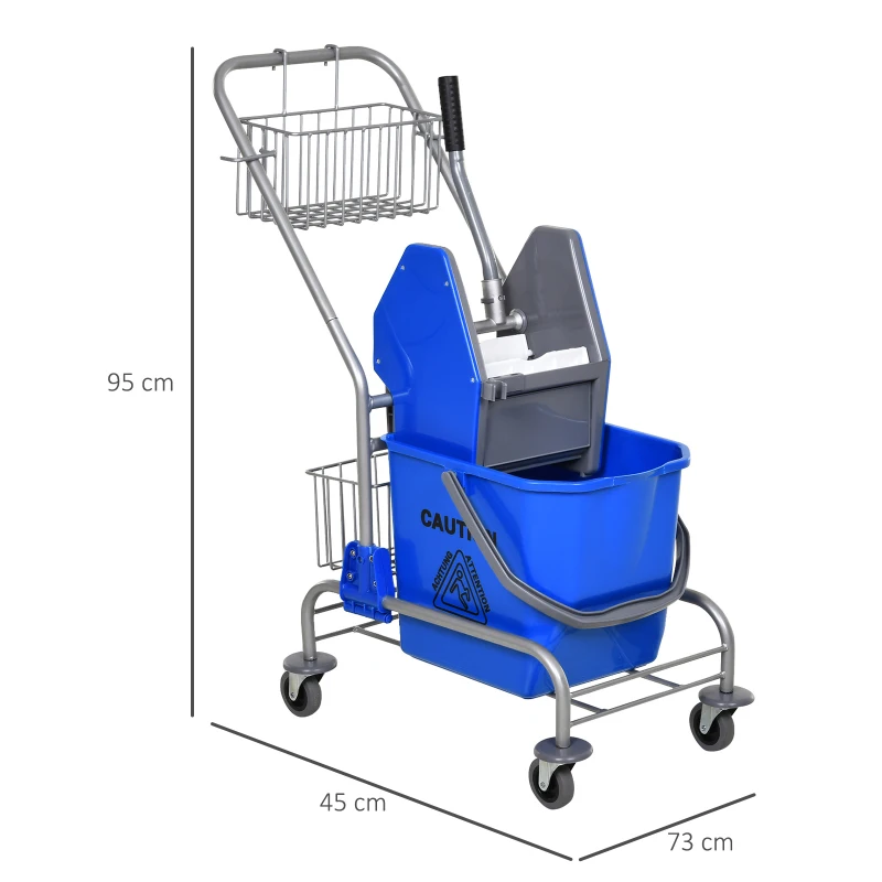 HOMCOM Carro de Limpeza Balde para Esfregona com Escorredor a Pressão Rodas e Cesto de Armazenamento Capacidade 26L 73x45x95 cm Azul