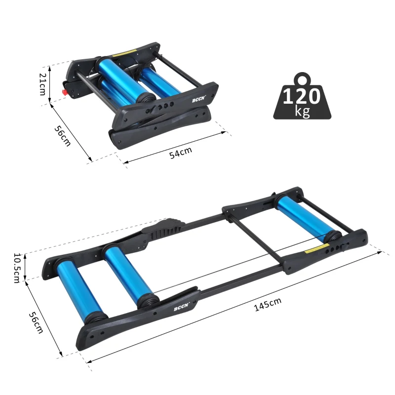 HOMCOM Rolo Treino para Bicicleta Dobrável Aparelho de Treino para Bicicleta no Interior Resistência Ajustável Moldura de Aço Carga 145x56x10.5cm