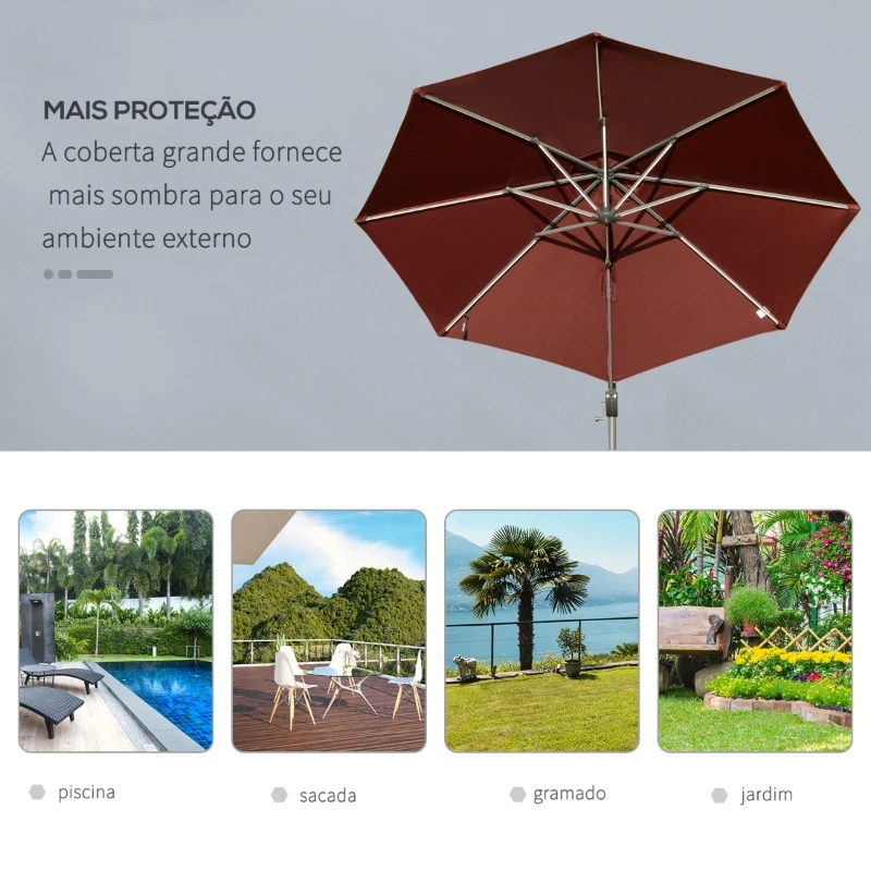 Outsunny Chapéu de Sol Excêntrico Φ300x248cm com Proteção UV 50+ Giratório 360º com Manivela Luzes LED Painel Solar e Teto Reclinável Vinho