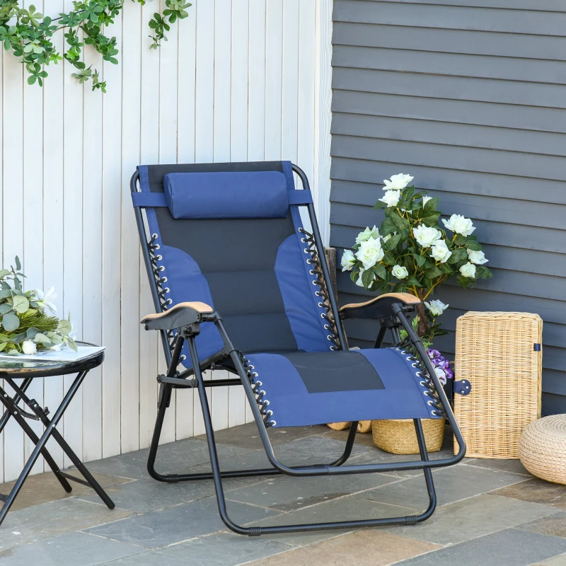 Outsunny Espreguiçadeira dobrável e reclinável de aço com apoio de cabeça removível Suporte para copos e apoio de braços para jardim externo 90x75x110 cm Azul