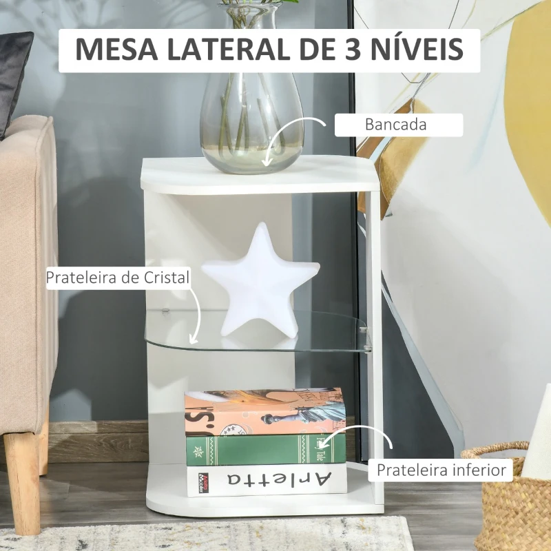 HOMCOM Mesa Auxiliar Moderna Mesa de Cabeceira com 3 Prateleiras 1 de Vidro para Sala de Estar Dormitório 40x40x56cm Branco
