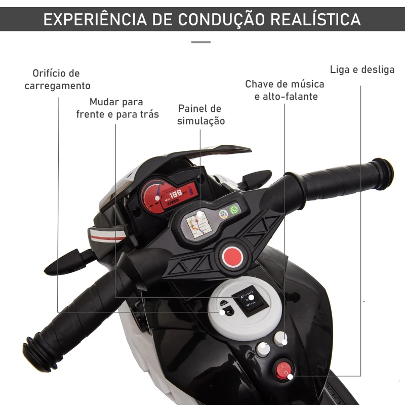 HOMCOM Motocicleta Elétrica Infantil com 3 Rodas Triciclo para Crianças acima de 3 anos com Bateria 6V Recarregável Funções de Música Buzina Faróis 86x42x52cm Preto e Branco