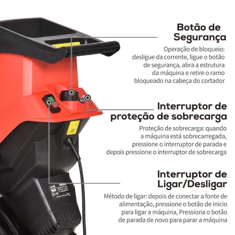 Outsunny Triturador Elétrico de Folhas 2500W para Jardim com 2 Lâminas Bolsa de Coleta de 50L e Rodas para Ramos Ervas 40x34x89cm Preto e Vermelho