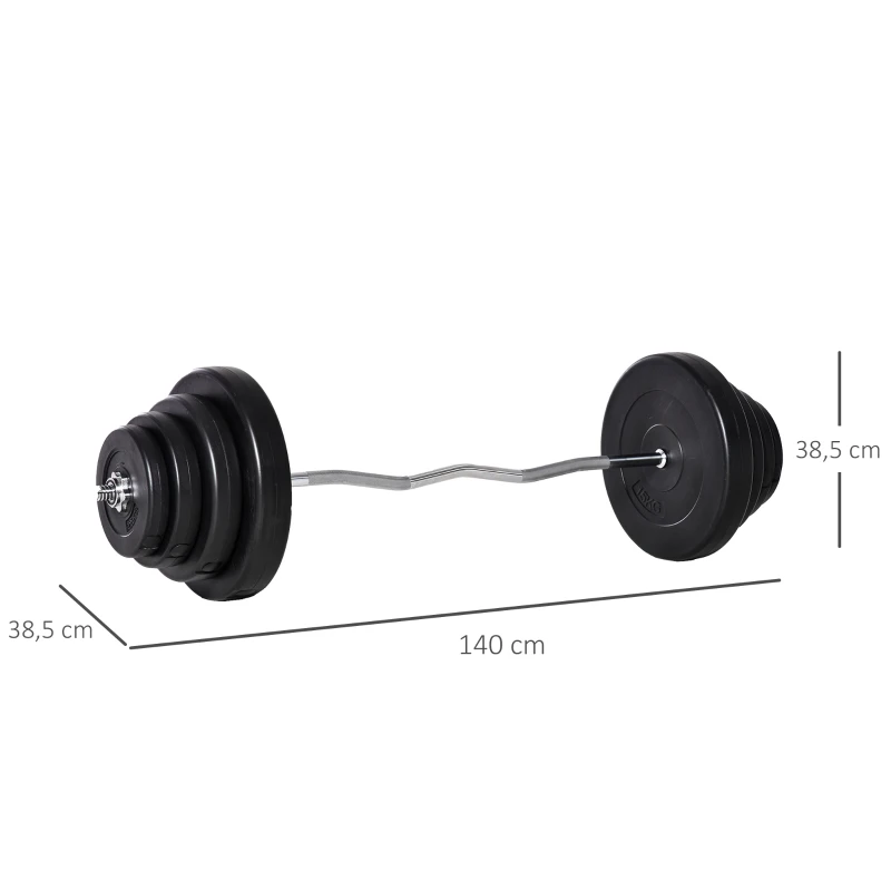 HOMCOM Barra de Pesos Curvada com 8 Discos de Peso Intercambiáveis até 70kg de Aço para Treinamento Culturismo em Academia Casa 140x38,5x38,5cm Preto