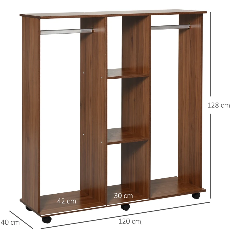 HOMCOM Armário aberto para Pendurar e Guardar Roupa tipo Guarda-roupa com Rodinhas - Madeira - Cor: Castanho - 120 x 40 x 128 cm