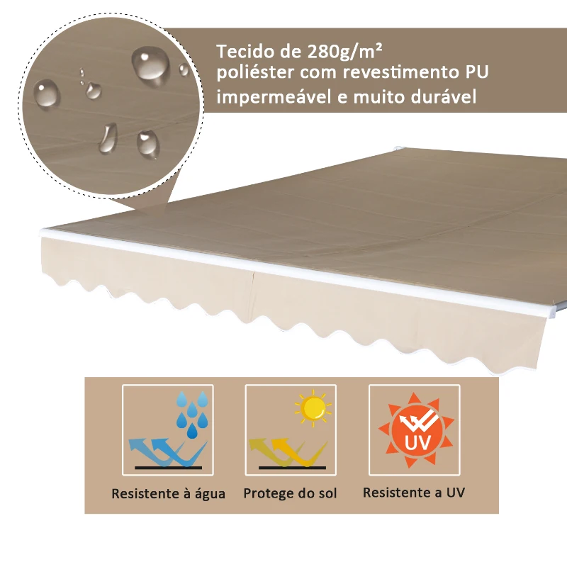 Outsunny Toldo Manual Dobrável de Alumínio 295x250cm com Manivela Impermeável Proteção Solar UV Alumínio Aço Tecido de poliéster Creme