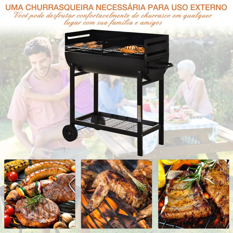 Outsunny Barbecue a Carvão com Grelha Ajustável em Altura Prateleira de Armazenamento e Rodas 90x45x96 cm Preto