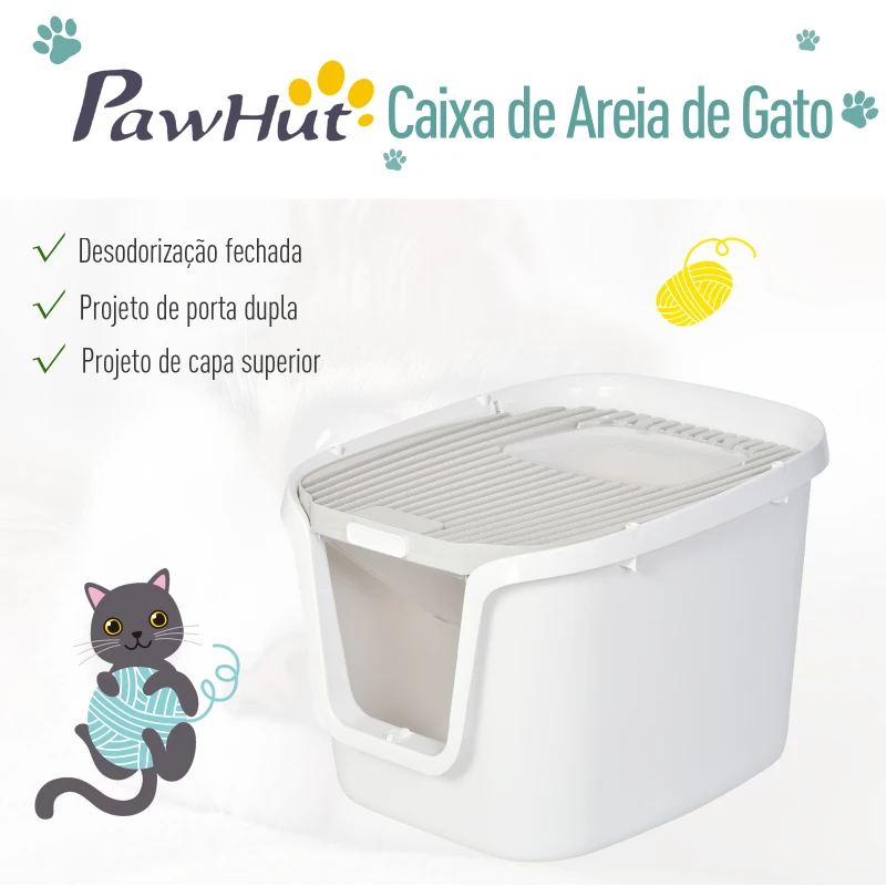 PawHut Caixa de areia para gatos com porta dupla Caixa desodorizante de carvão ativado Pá Equipada Amplo espaço 55,5x44,5x38,3 cm cinza branco