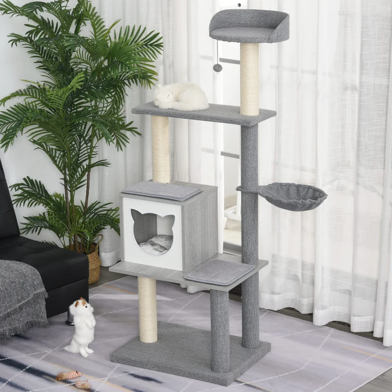 PawHut Árvore Arranhador para Gatos Grande 61x49x160,5cm Torre de Escalada de Múltiplos Níveis com Caverna Espaçosa Rede Postes e Brinquedo Suspenso Estofamento Suave Cinza