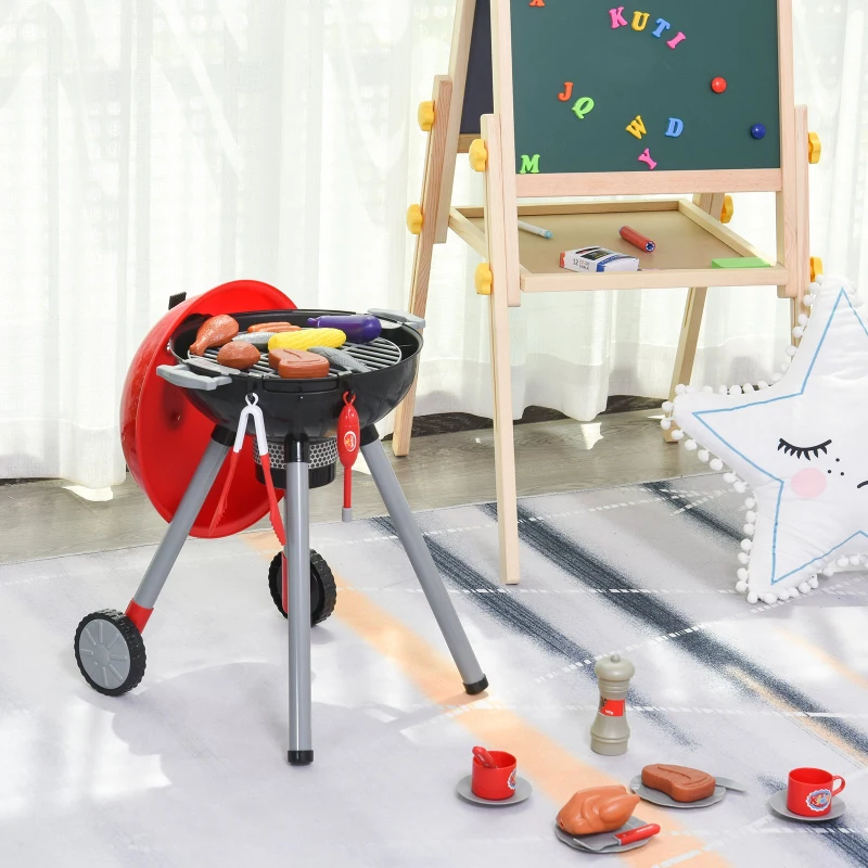 HOMCOM Conjunto de Churrasqueira para Crianças Acima de 3 Anos 39 Peças Luz e Som 34.5x37x56 Vermelho
