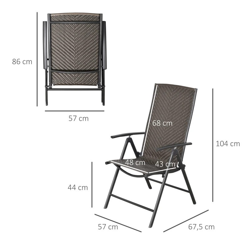 Outsunny Conjunto de 2 cadeiras dobráveis de vime para jardim com encosto alto e ajustável 7 posições para terraço 57x67,5x104 cm Cinza