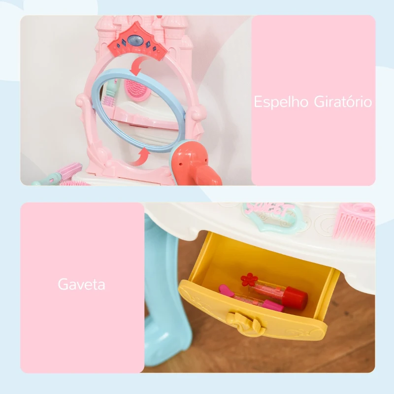 HOMCOM Toucador Infantil com Banco Espelho com Luz Música Secador e 20 Acessórios Toucador de Maquilhagem para Crianças acima de 3 Anos 41x27x82cm Multicolor