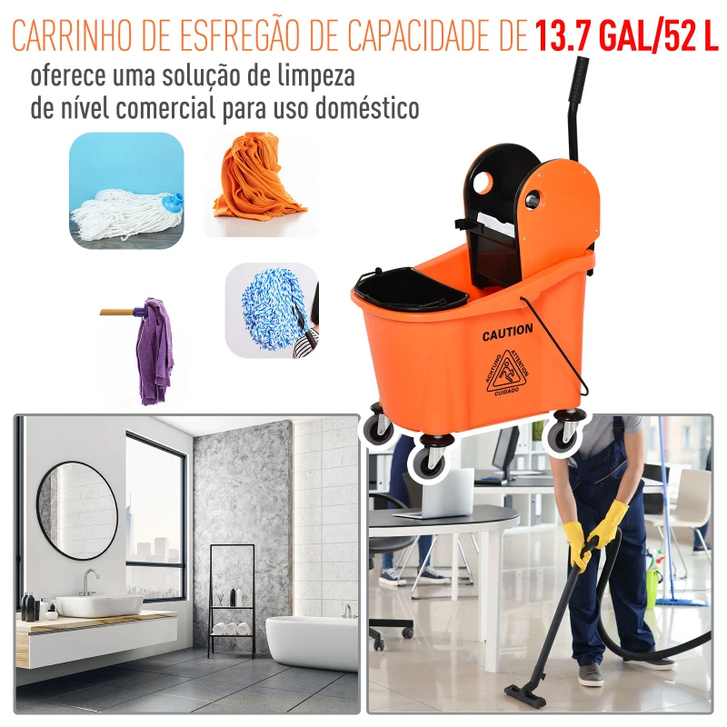 HOMCOM Balde para esfregona comercial com espremedor 36L Capacidade 54x41x91,5 cm Laranja