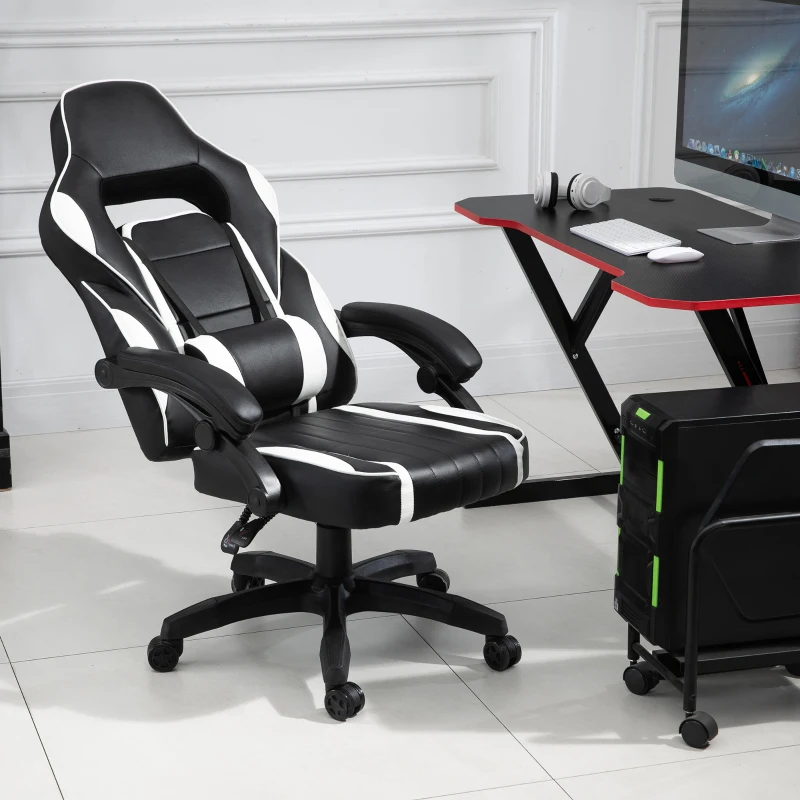 Vinsetto Cadeira gaming para escritório giratório reclinável até 135 ° com encosto alto Apoio de braço ajustável Assento acolchoado 64x69x119-129 cm Branco e Preto