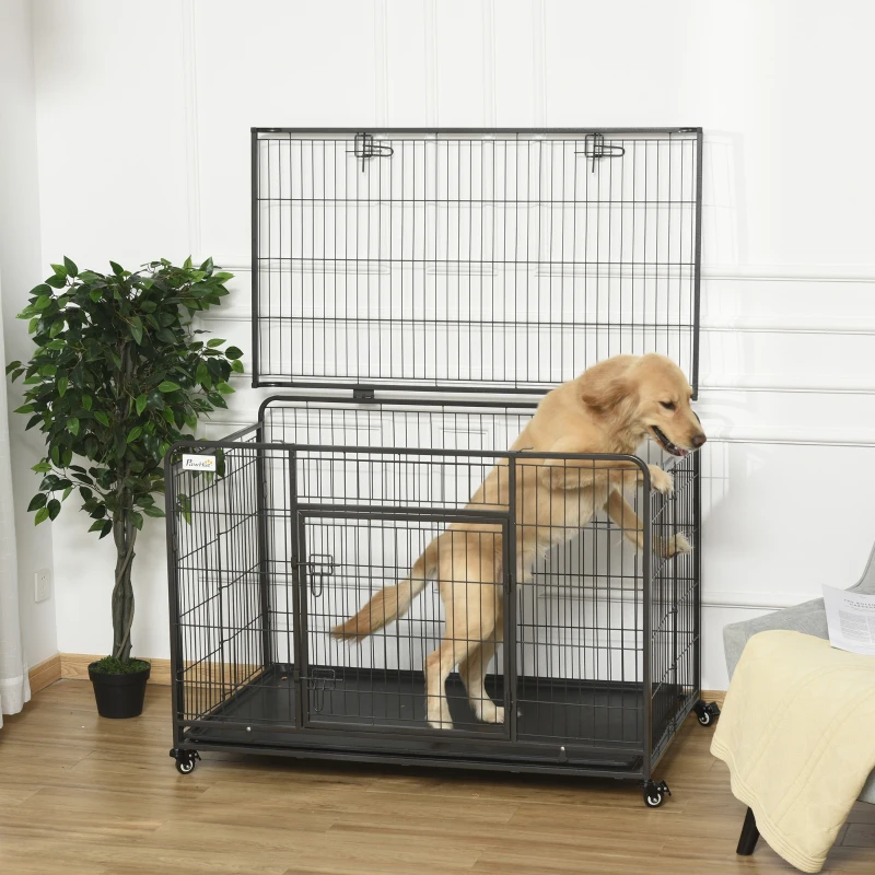 PawHut Gaiola dobrável de metal com rodas e freios Bandeja  removível e porta com travas125x76x81 cm Cinza escuro