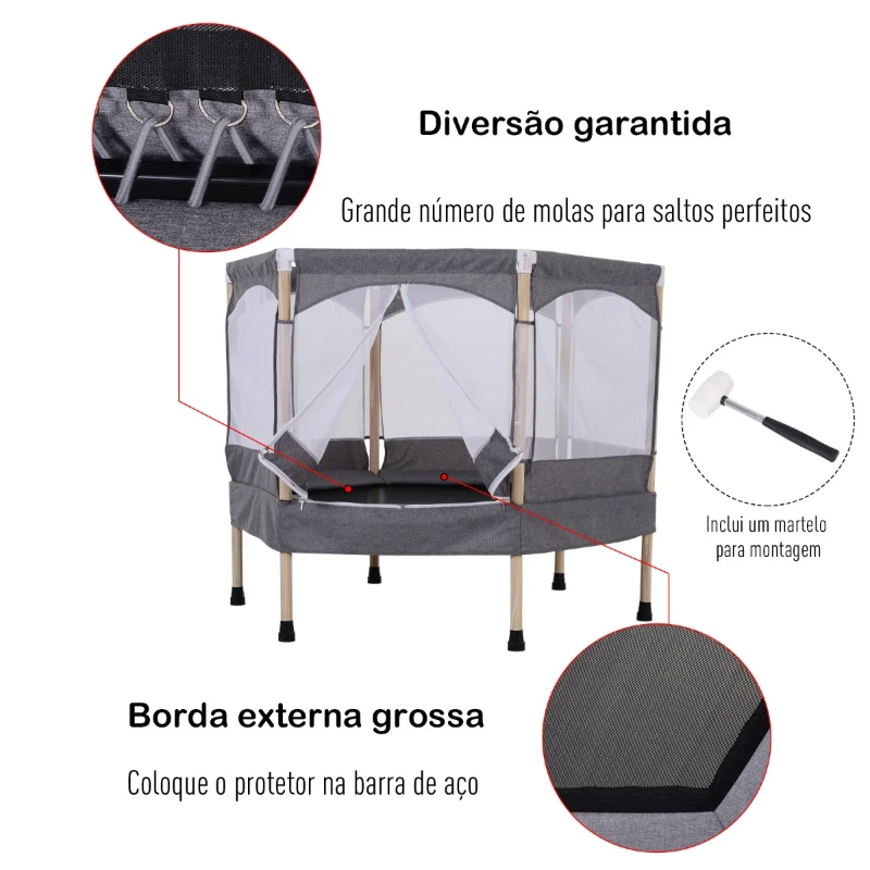 HOMCOM Trampolim para Crianças acima de 3 Anos Trampolim Infantil com Rede de Segurança Carga Máxima 80kg 126x109x98cm Cinza