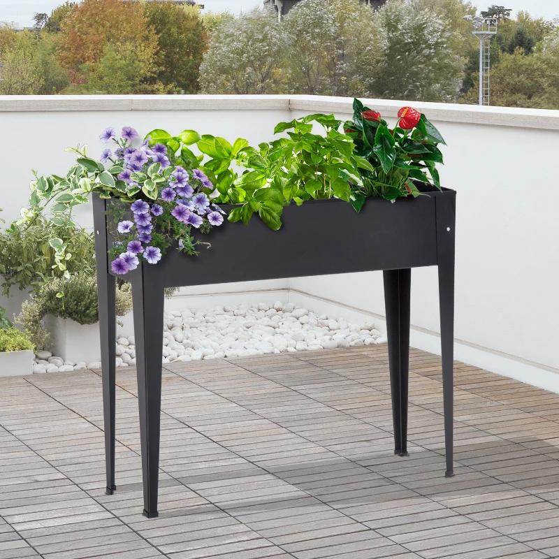 Outsunny® Jardineira Exterior Balcão Rua Vaso Caixa de Flor e Planta Metálico com Patas Buraco de fuga 98x25x82cm Carga 50kg Negro