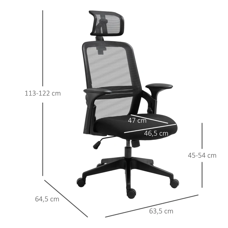 Vinsetto Cadeira de Escritório Ergonômica Cadeira de Escritório Giratória com Altura Ajustável Apoio para a Cabeça Suporte Lombar Reguláveis e Encosto Transpirável 63,5x64,5x113-122cm Preto