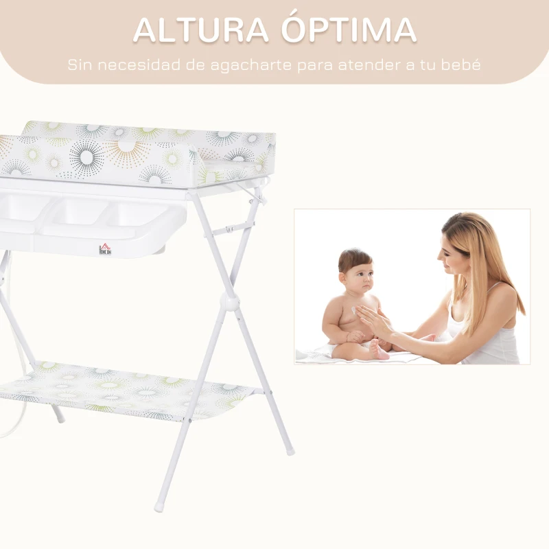 HOMCOM Cambiador y Bañera 2 en 1 para Bebé 0-12 Meses Plegable con Múltiples Espacios de Almacenamiento Estante Inferior Carga Máx. 15 kg 80x70x95 cm Blanco