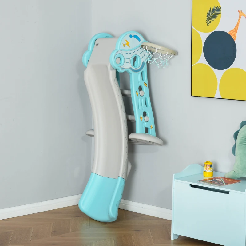 HOMCOM Escorrega Infantil Dobrável com Cesta de Basquetebol para Crianças acima de 18 meses Modelo Disco Voador para Interiores e Exteriores 140x87x75cm Azul e Cinza
