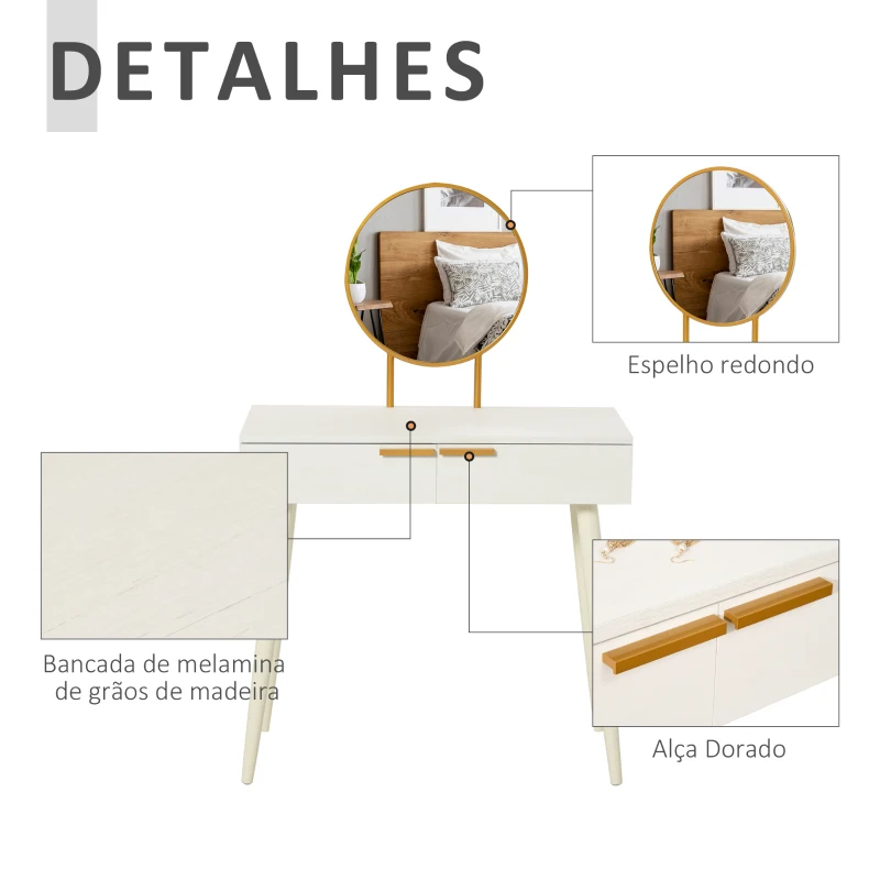 HOMCOM Toucador com Espelho Redondo Mesa de Maquilhagem com 2 Gavetas Estilo Moderno para Dormitório 80x40x123cm Branco