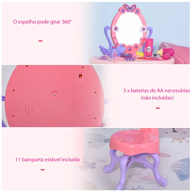 HOMCOM Penteadeira com banquinho Função de música Luzes para crianças acima de 3 anos 49,5x23,5x69,5 cm Rosa