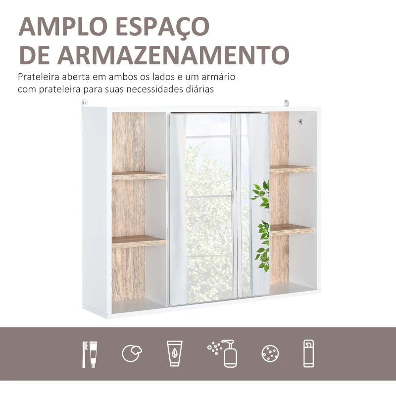 HOMCOM Armário de Espelho com Espaço Interno com Prateleiras Ajustáveis Armário de Banheiro com Prateleiras Abertas 60x14,5x49,4 cm Branco e Carvalho