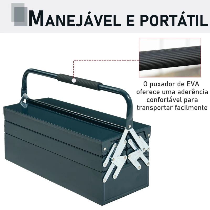 DURHAND Caixa de Ferramentas portátil Dobrável de Aço com 5 compartimentos com Alça de Transporte para oficina 57x21x41cm Verde