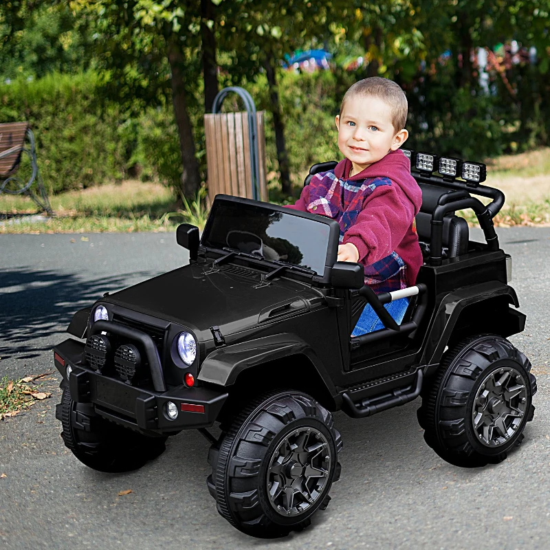 HOMCOM Carro Elétrico Jeep com Controlo Remoto MP3 Luzes e Sons Abertura da Porta Bateria 12V Carga Máxima 30kg 128x78x76cm Preto