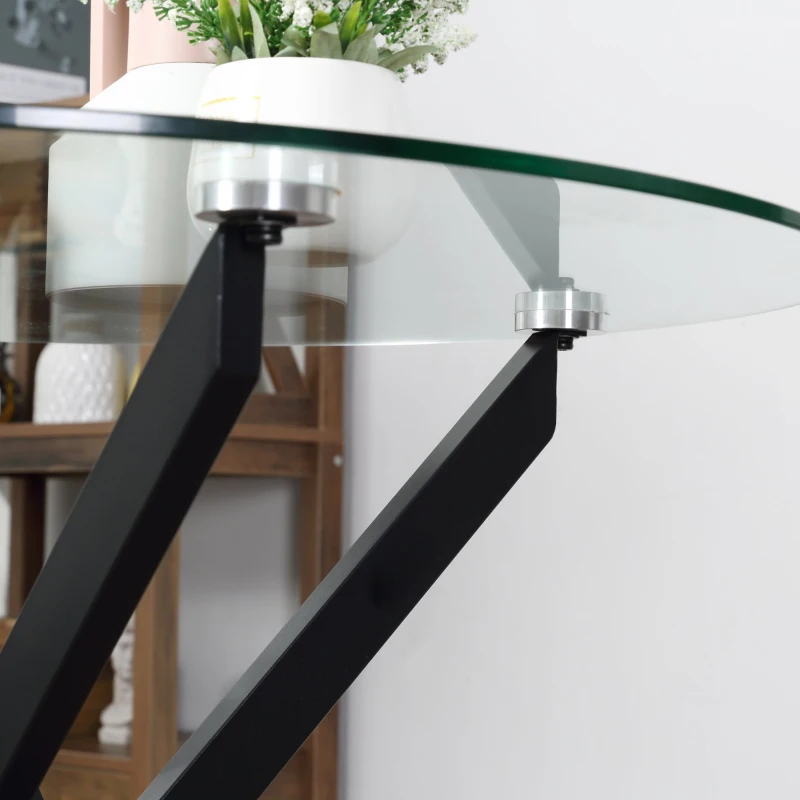 HOMCOM Mesa de Sala de Jantar Redonda com Bancada de Cristal Temperado Transparente e Pés Cruzados de Metal Mesa de Centro Moderna Ø80x75cm Preto