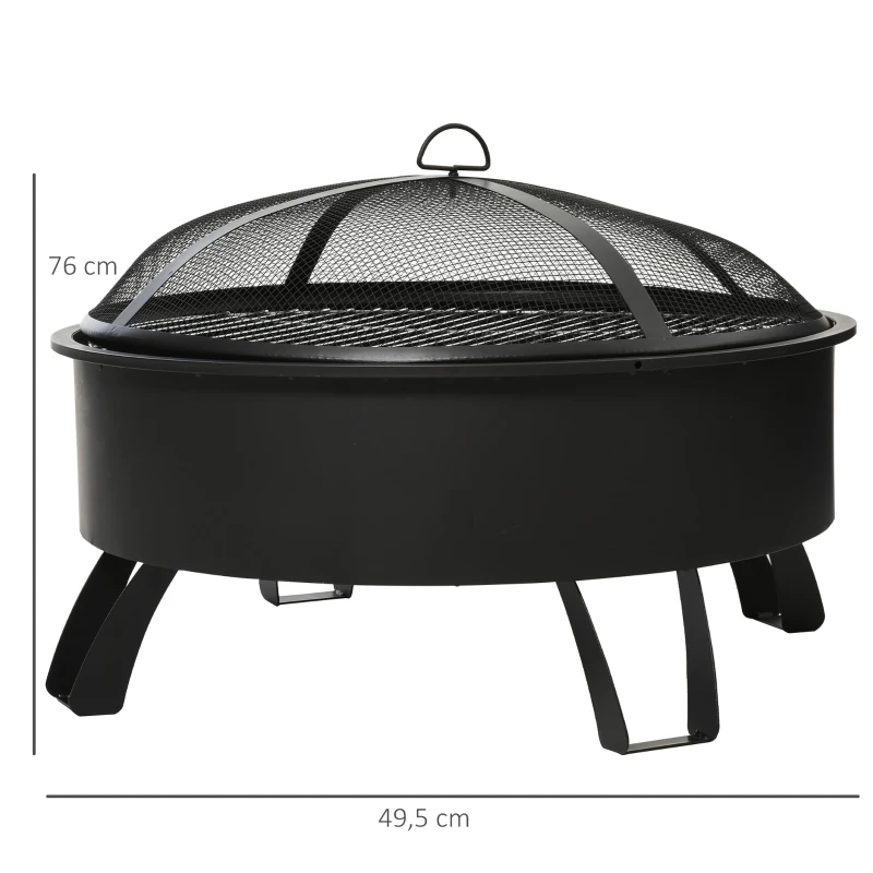 Outsunny Braseiro externo Ø76 cm 2 em 1 com grade de cozinha Grelha de churrasco Póquer de fogo com tampa de malha preto