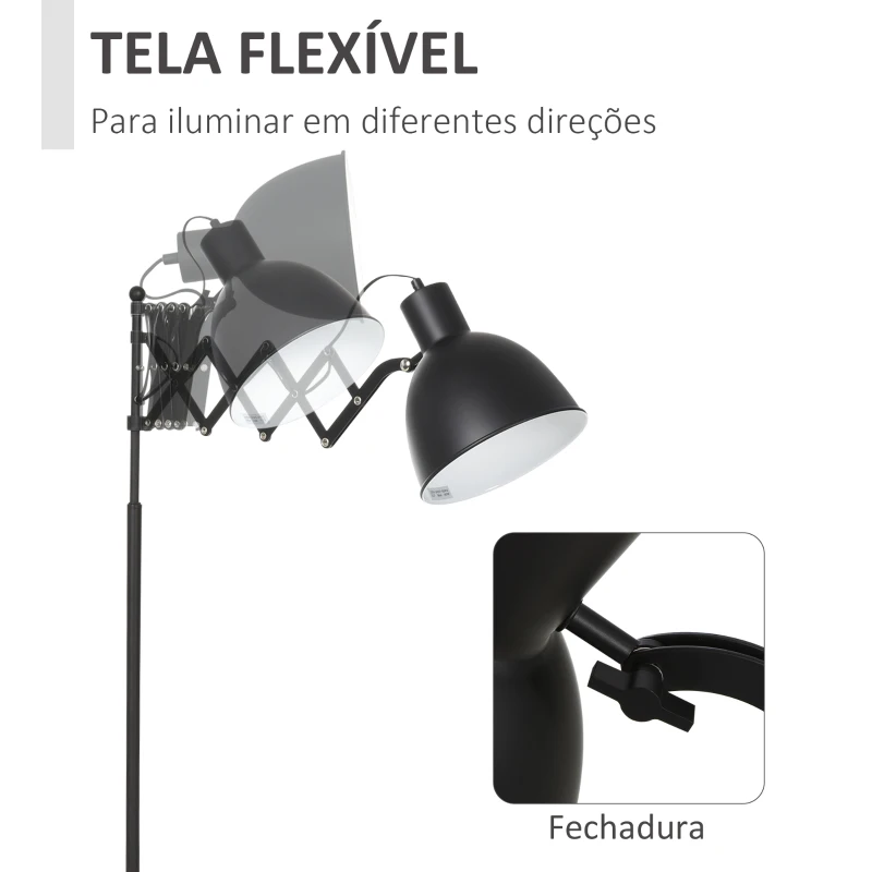 HOMCOM Lâmpada de pé com braço extensível tela ajustável Pedal interruptor Bulb Max. 40W Estrutura de metal Ф25x140 cm preto