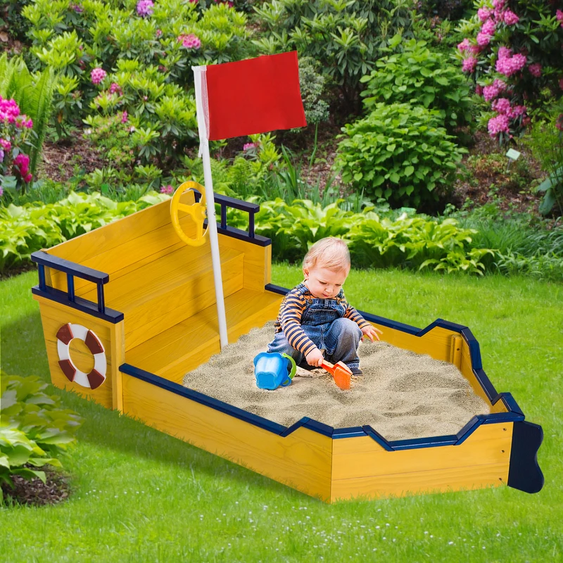 HomCom Caixa de Areia Caixa Parque de Areia para Brincar Estilo Barco Brinquedo Praia Jardím Pátio 157.5x78x46cm Madeira