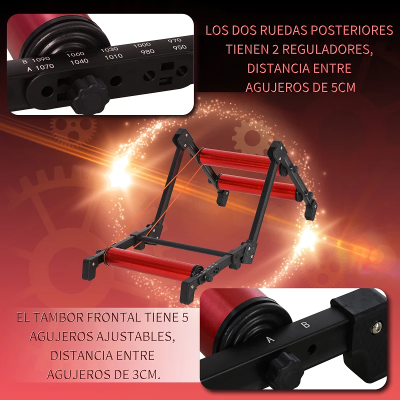 HOMCOM Rodillos para Bicicletas Entrenamiento en Interiores Rodillo Ciclismo Plegable Ajustable con Pedal Cinta Transportadora Soporta hasta 150 kg 146x55x10,5 cm Rojo y Negro