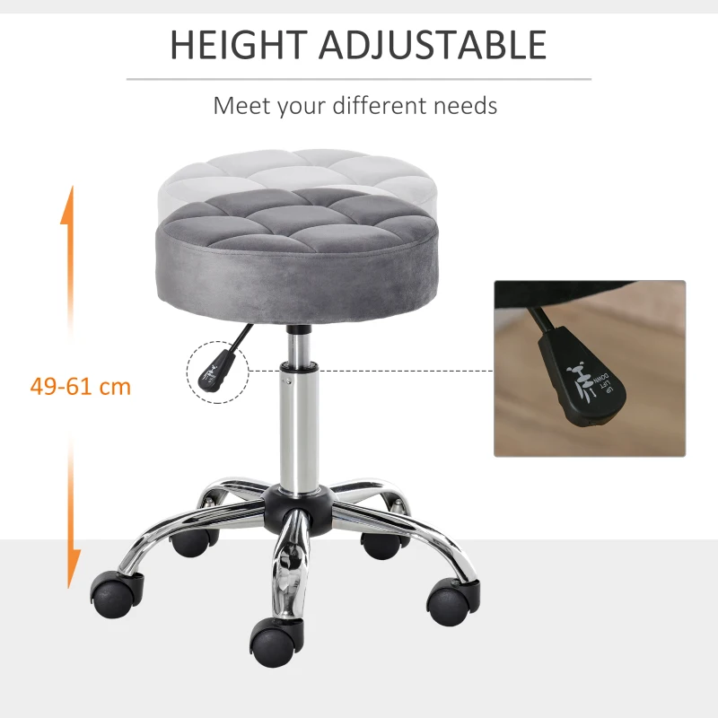HOMCOM Round Rolling Stool Chair Height Adjustable Swivel Salon Stool with Wheels， Grey