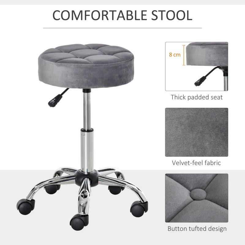 HOMCOM Round Rolling Stool Chair Height Adjustable Swivel Salon Stool with Wheels， Grey