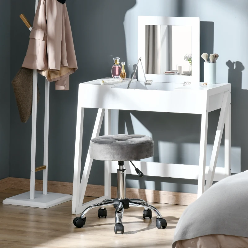 HOMCOM Round Rolling Stool Chair Height Adjustable Swivel Salon Stool with Wheels， Grey