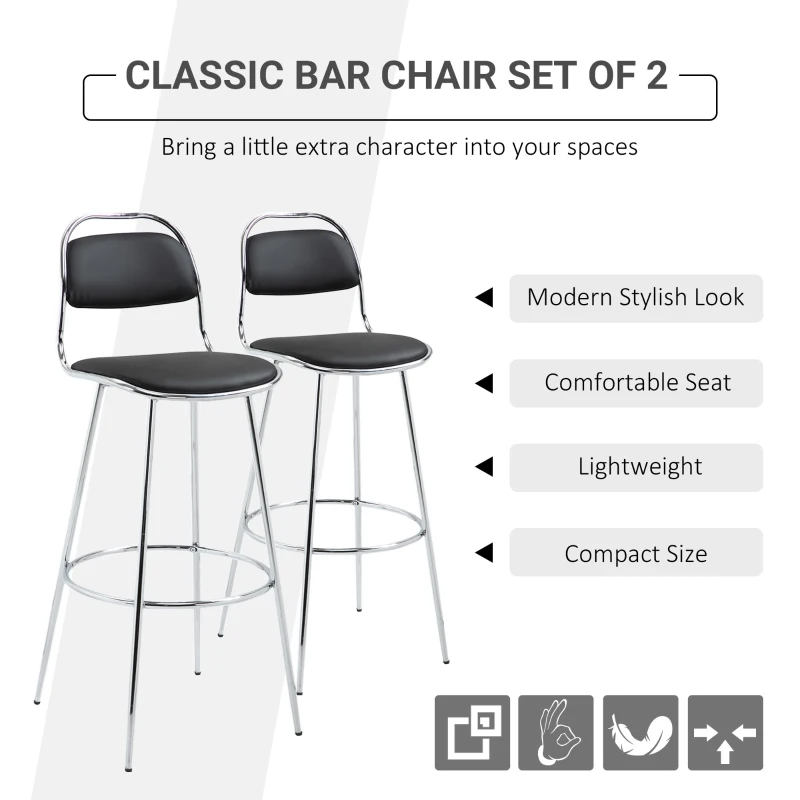 HOMCOM Height Bar Stools Set of 2, Classic PU Leather Bar Chairs for Counter Kitchen with Backrest and Footrest, Black