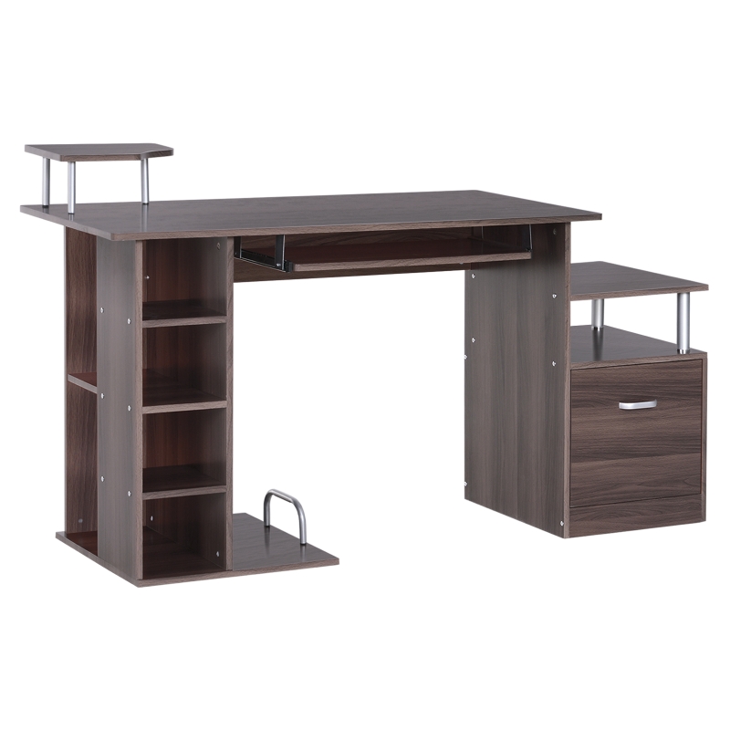 HOMCOM Mesa de Ordenador Monitor PC de Madera con Soporte de Impresora Armarios Estantes Abiertos Múltiple Almacenaje Mesa Escritorio 152x60x80 cm Marrón