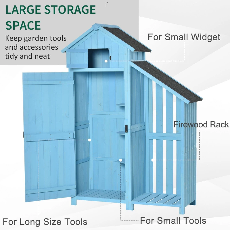 Outsunny Garden Shed Wooden Firewood House Storage Cabinet Waterproof Asphalt Roof Tool Organizer with Lockable Door, 130 x 55 x 180 cm