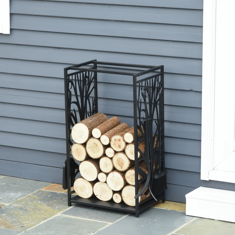 HOMCOM Steel Firewood Log Holder Indoor Outdoor Firewood Rack Fireplace Wood Storage Shelf with 4 Tools, Hooks, Tree Pattern Design, Rust-Resistant, Black, 46W x 30D x 70H cm