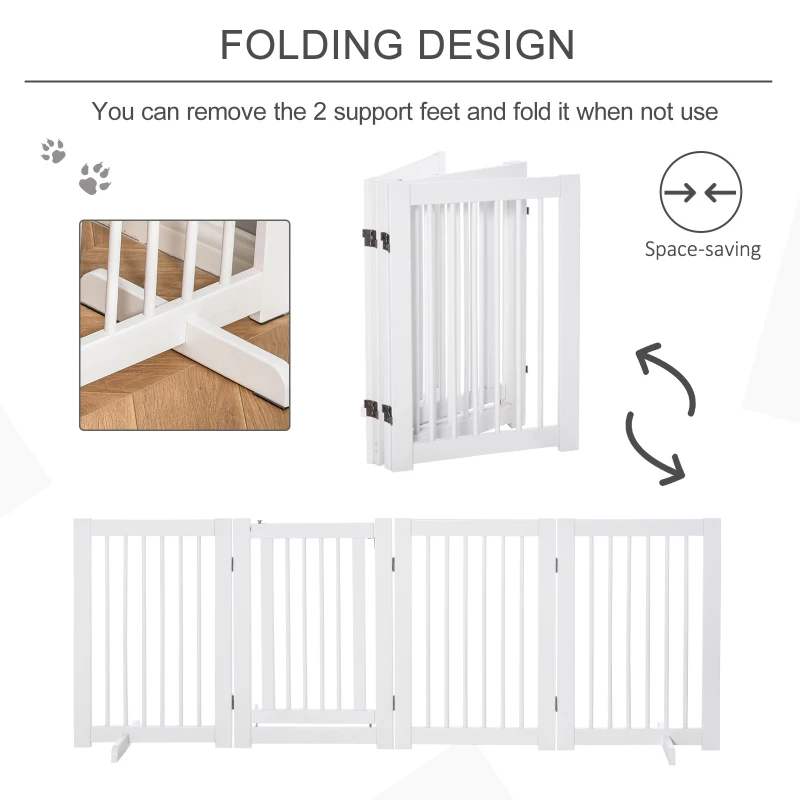 PawHut Freestanding Pet Gate 4 Panel Wooden Dog Barrier Folding Safety Fence with Support Feet Walkthrough Door up to 204cm Wide 75cm Tall for Doorway Stairs White