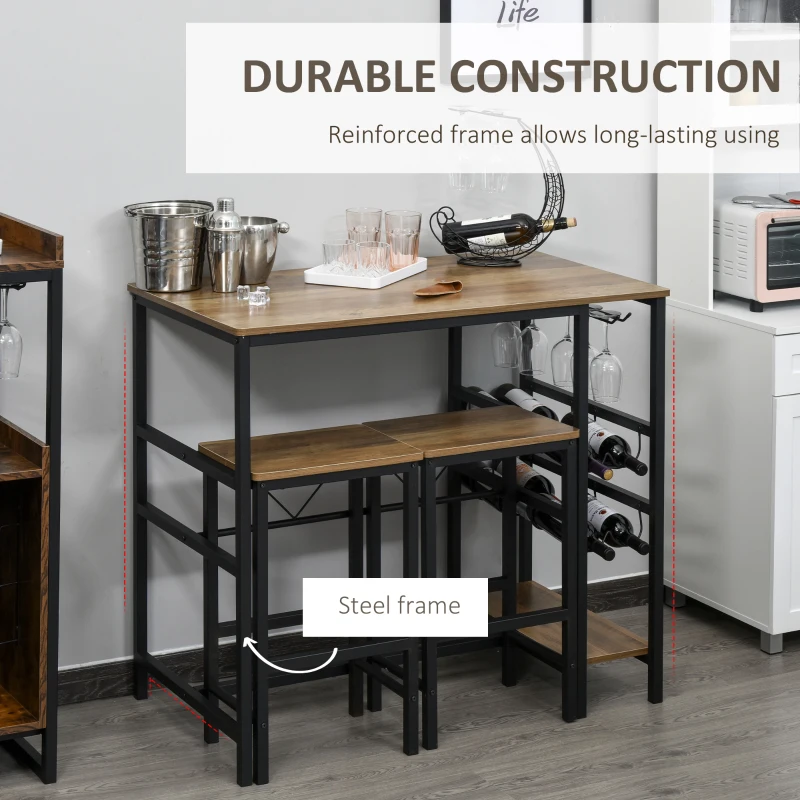 HOMCOM 3 Pieces Dining Table and Chair  Bar Bistro Set with 8-bottle Wine Rack and Cup Holder, Metal Frame for Kitchen, Dining Room, Living Room, Pub